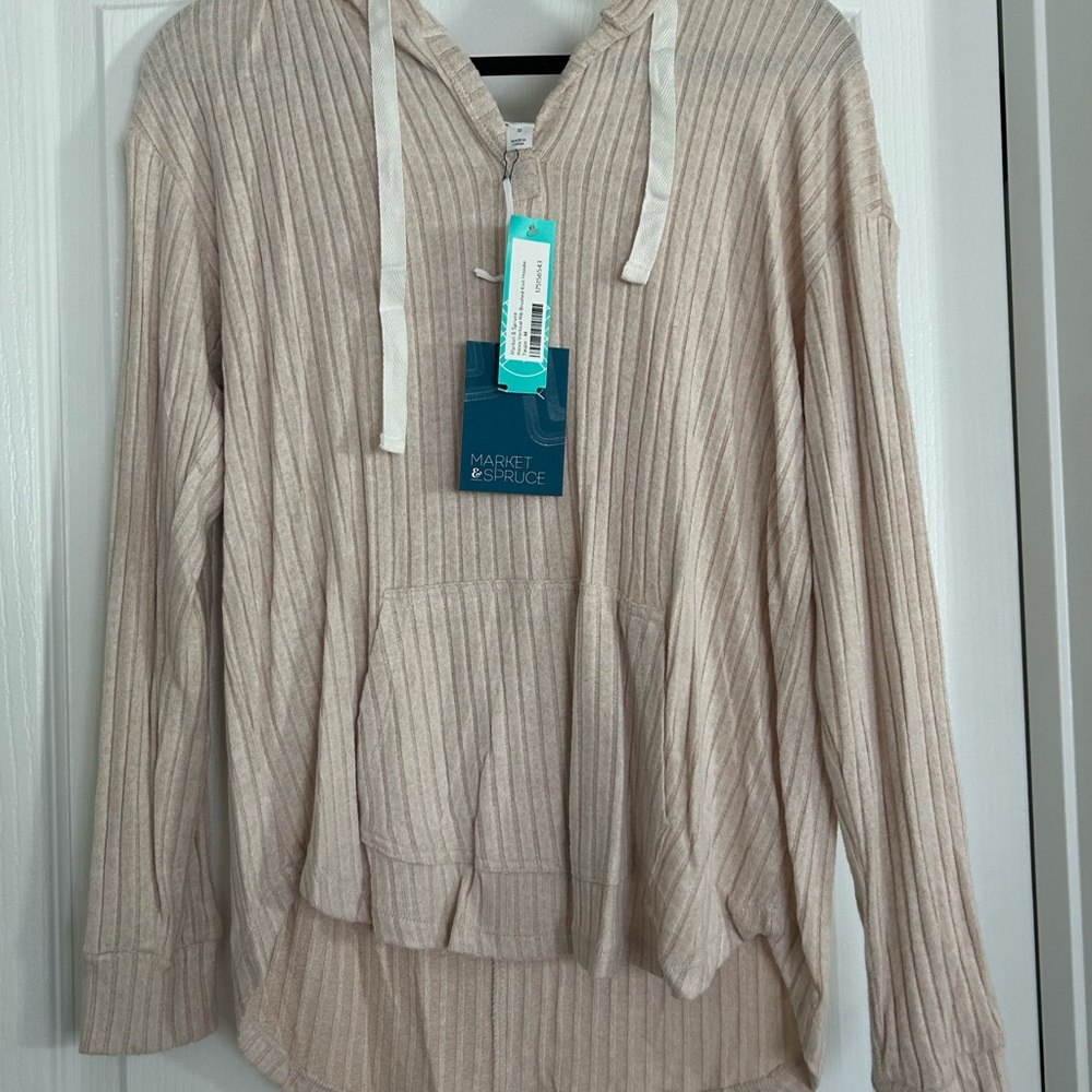 Beige Ribbed Hoodie with Front Pocket